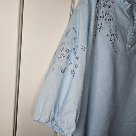Light Blue Floral Embroidered Peasant Blouse XXL Boho Cottagecore Top - Picture 4 of 7